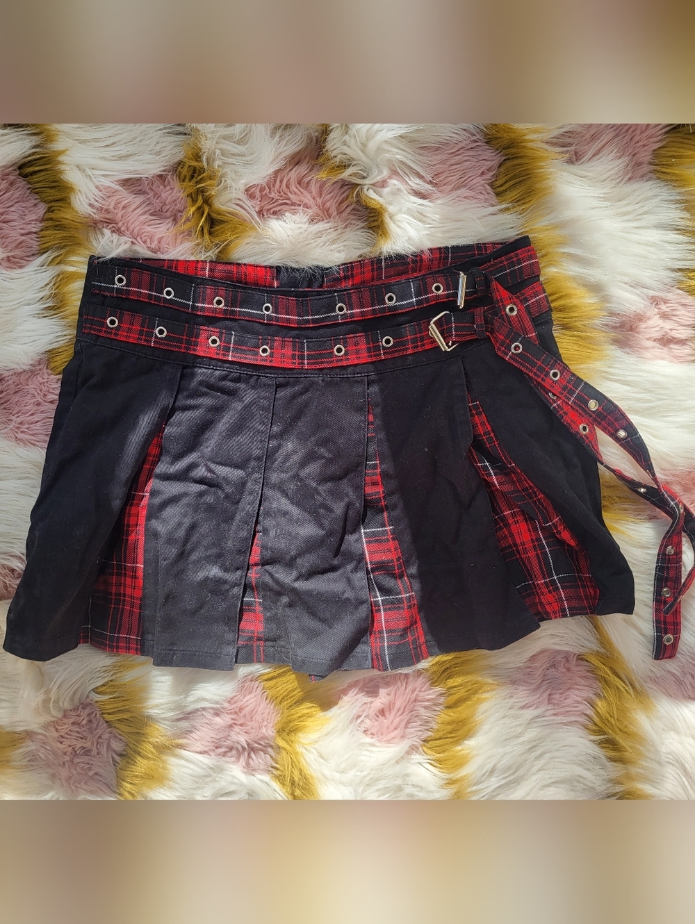 Tripp Nyc Y2k Vintage Black & Red Plaid Pleated Mini Skirt with Buckle Belt Goth